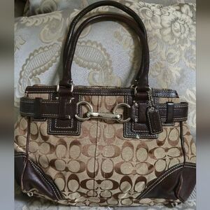 Coach Hampton Satchel in brown signature jacquard silver hardware brown leather